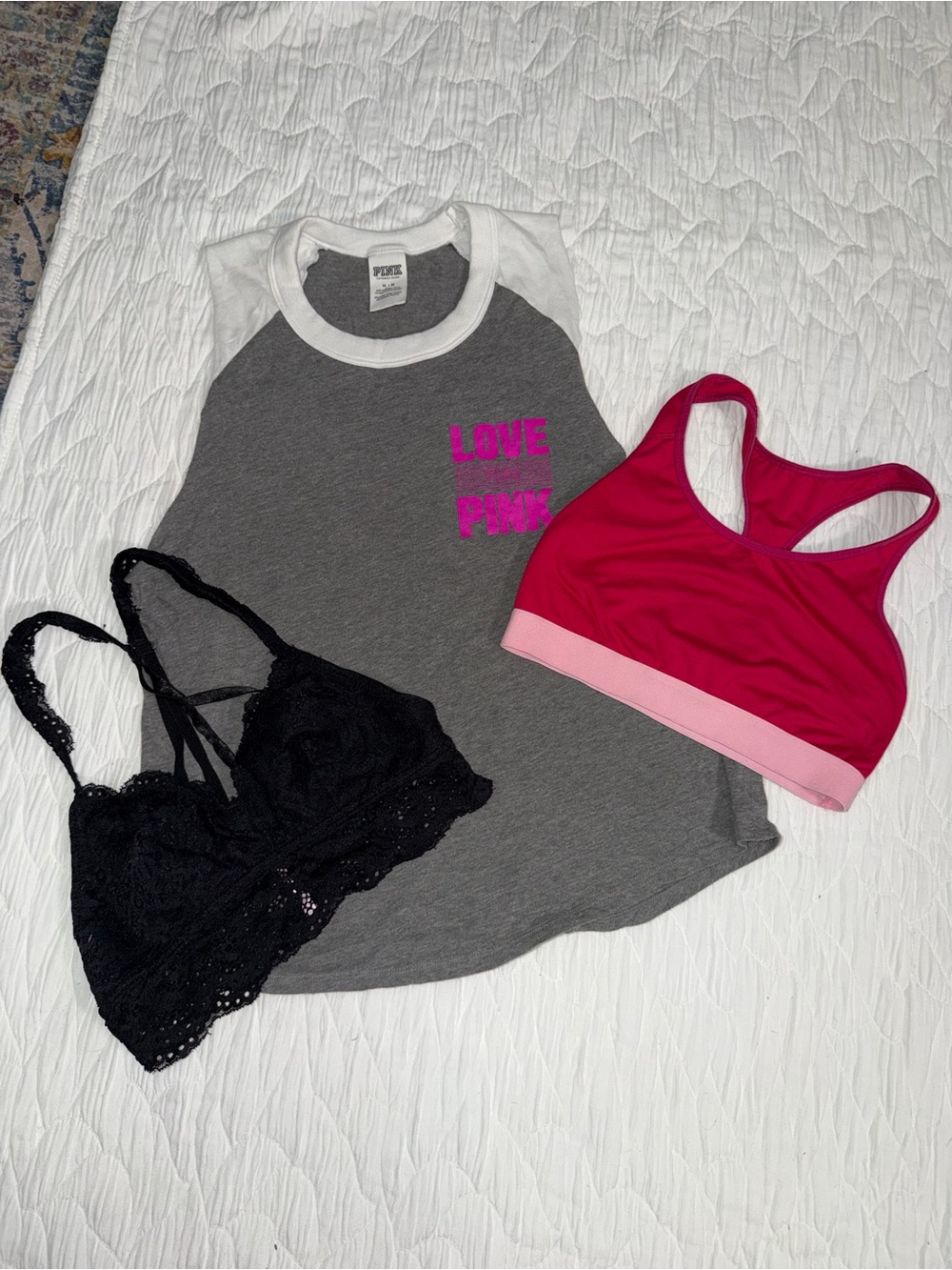 PINK Victoria's Secret Gray Raglan Tee with Pink Logo and Hot Pink Sports Bra